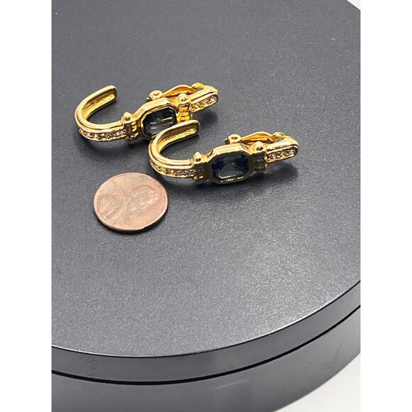 Swarovski Swan Vintage Gold Tone Pave Blue Bezel Crystal Half Hoop Clip Earring - Picture 7 of 8